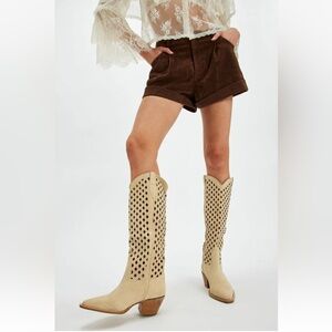 Free People Diamonds Are Forever Tall Cowboy Boot Sand Suede Cut Out